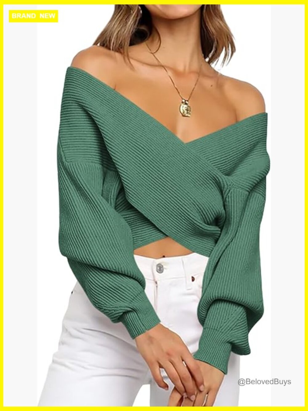 Off Shoulder Sweater V Neck Long Sleeve Ribbed Knit Wrap Cropped Pullover